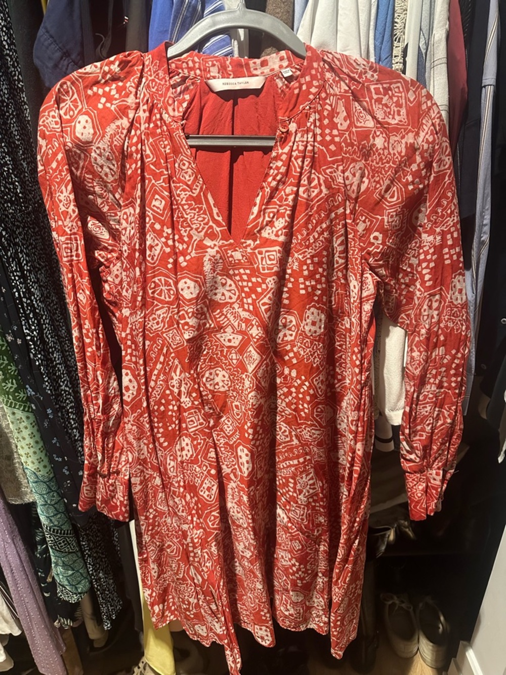 Rebecca Taylor Red and White Printed Long-Sleeve Dress